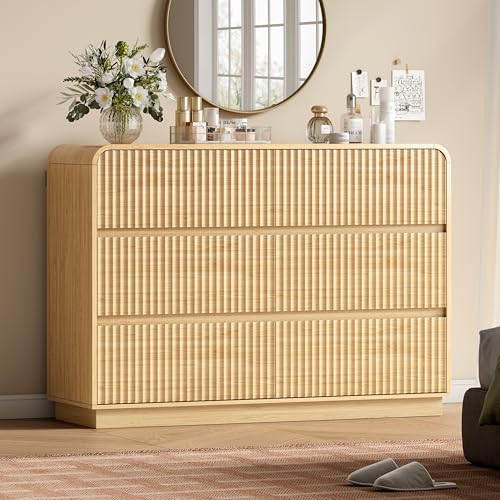 Image of Wodeer Oak Dresser Fluted 6 Drawers Dresser for Bedroom, 47 inch Wide Wood Chest of Drawers with Hidden Handles & Rounded Corners, Modern TV Stand Storage Cabinet for Living Room, Hallway, Entryway