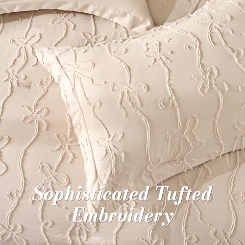 Image of 7 Pieces Bow Tufted Boho Comforter Set Khaki Farmhouse Shabby Chic Embroidered Bedding for All Seasons King Size with Comforter Sheets Pillowcases Shams