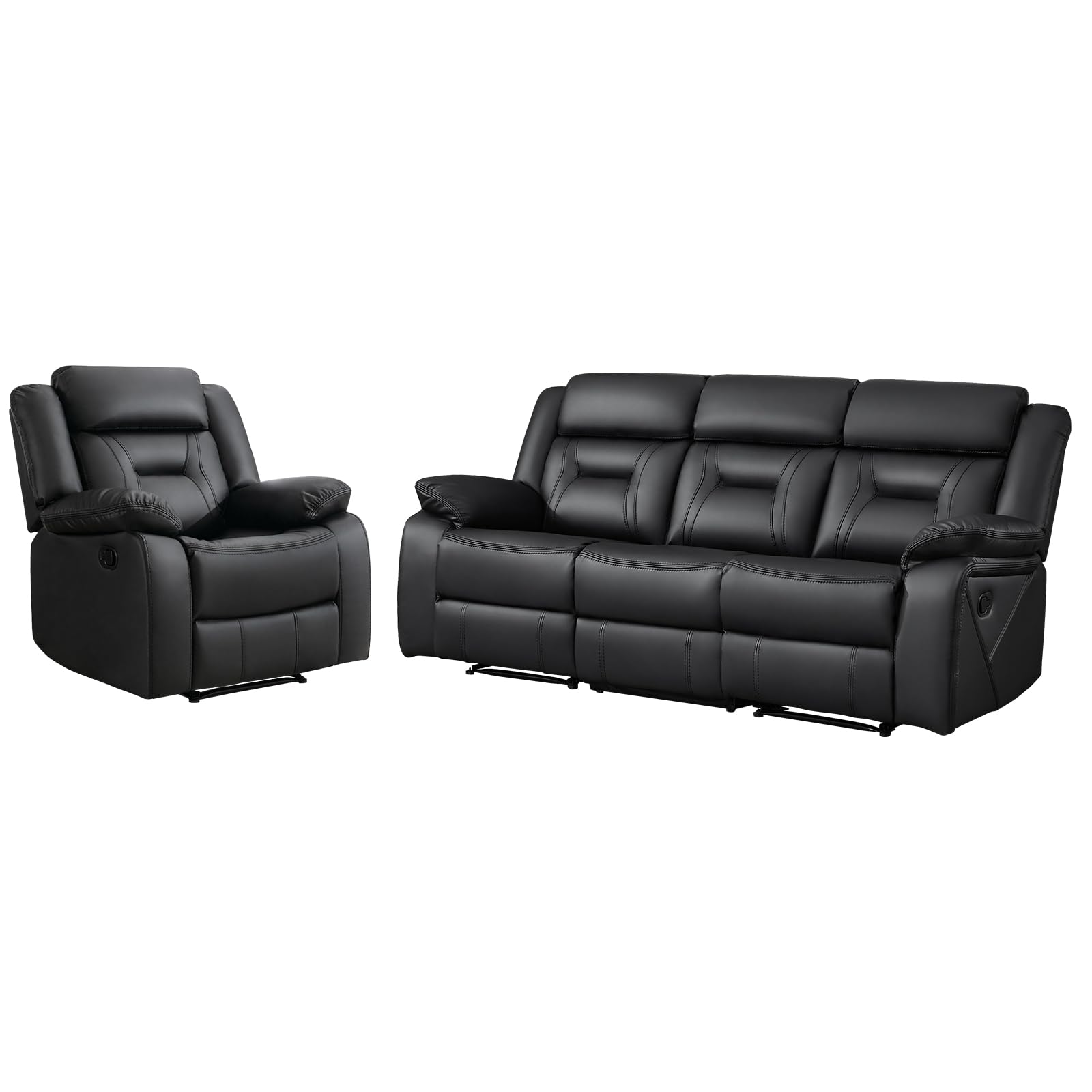EBELLO Manual Recliner Sofa Set, Faux Leather Reclining Living Room Furniture Set, Included Recliner Chair and 3 Seat Manual Recline Sofa, Black view 8