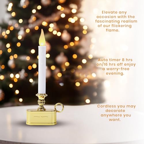 Image of Window Candles 2AA Battery Operated with Timer 8 Hours On and 16 Hours Off Led Warm White with Flicker Flame (Gold Base) Battery Not Included