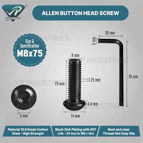 Image of By VP INDUSTRIES (Pcs-10) M8x75 mm Allen Button Head Cap Screw Blac Zinc | High Tensile Round Mushroom Allen Head Bolt with Allen Key (1 Pc) for Furniture Assembly & DIY Applications