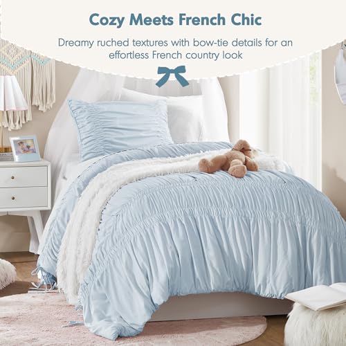 Image of Intelligent Design Ruched Shabby Chic Blue Twin XL Comforter Set, 2pc | Girls Dorm Bedding Set, French Country, All Season Down Alternative, Cozy, Machine Washable, Lightweight, Breathable