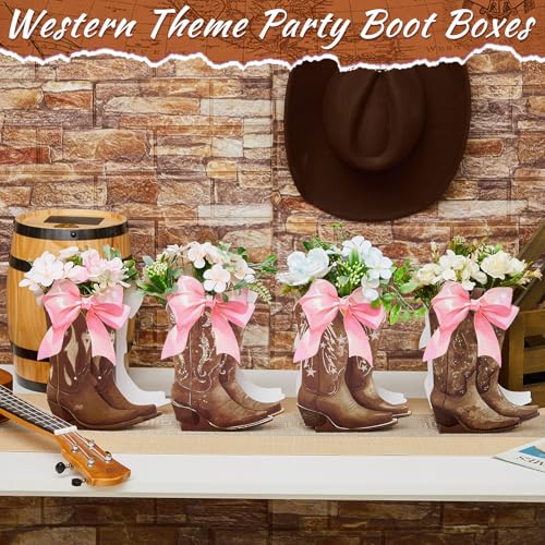 Image of 12 Set Brown Western Cowboy Bow Boots Flower Boxes Centerpiece Boot Shape Gift Boxes Western Party Decoration Vase Centerpiece for Table Boots for Rodeo Birthday Baby Shower Wedding Supplies