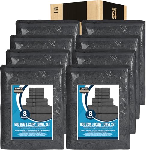 Image of Utopia Towels Set, 16 Bath Towels, 16 Hand Towels, and 32 Washcloths, 600 GSM Ring Spun Cotton Highly Absorbent Towels for Bathroom, Shower Towel, (Pack of 64) (Grey)
