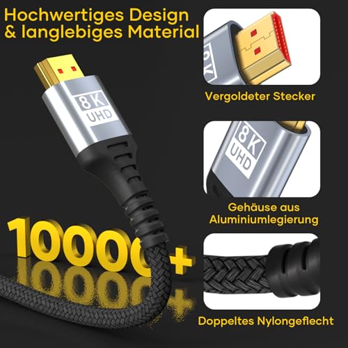HDMI 2.1 Kabel 3Meter 10K 8K,48Gbps Ultra Highspeed HDMI Kabel 10K 8K@60Hz 4K@120Hz 7680P,HDMI 2.1 Unterstützt HDR10 eARC 3D HDCP 2.2&2.3,Kompatibel Mit PS5/4 X-Box HDTV Blu-ray Player/Monitor/Laptop