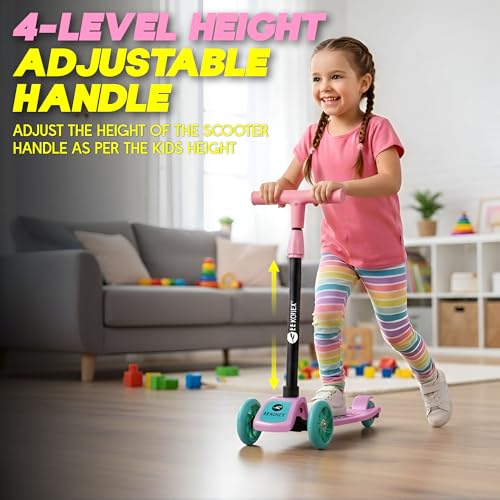 Image of Konex Kick Scooter for Kids (2+ Years) | 3 Broad Rubber Wheels for Smooth Ride | 4-Level Height Adjustable Handle | Foldable & Portable with Back Brake | Holds Up to 40 kg (Pink-Sea Green)