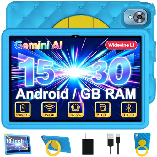 DMOAO Tablet para Niños 10 Pulgadas Android 15 con 30 GB RAM, 5G WiFi 6, Control Parental, 8-Core, 8MP + 5MP, 6000 mAh, Tablet Infantil con Funda Protectora EVA + Soporte 360° Giratorio, Cobáltico