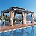 YOLENY 12'x20' Hardtop Gazebo Ultra-Thick Columns and Beams, Gazebo with Wood Grain Aluminum Frame, Galvanized Steel Roof, Permanent Metal Pavilion with Netting and Curtains for Backyard and Patio