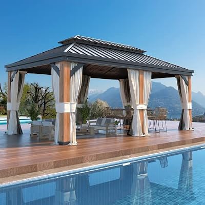 YOLENY 12'x20' Hardtop Gazebo Ultra-Thick Columns and Beams, Gazebo with Wood Grain Aluminum Frame, Galvanized Steel Roof, Permanent Metal Pavilion with Netting and Curtains for Backyard and Patio