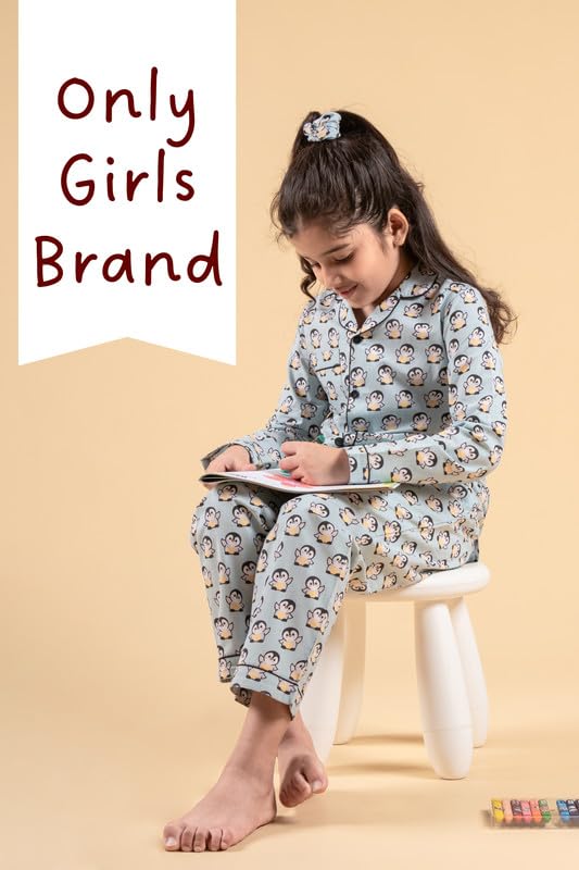 Image of Tweeny Mini Kids Girls Pure Rayon Night Suit | Sleepwear| Night Wear | Nightdress | Top Shirt & Pyjama Combo Set Floral Printed with Pockets Full Sleeves