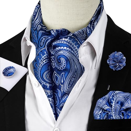 Image of DiBanGu Mens Silk Ascot Ties Paisley Jacquard Woven Cravat and Pocket Square Cufflinks with Lapel Pin for Business Wedding