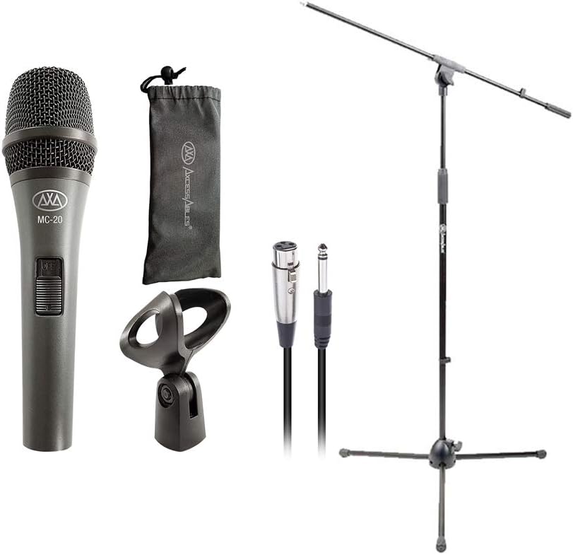 AxcessAbles MC20 Dynamic Handheld Microphone Stand Cable Bundle On Off Switch Live Studio Stage