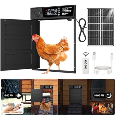 Automatic Chicken Coop Door, Large Size Solar Powered Coop Door with Opening in Emergency, Anti-Pinch, Timer & Light Sensor, Aluminum Waterproof Auto Chicken Door, with 7W Solar Panel