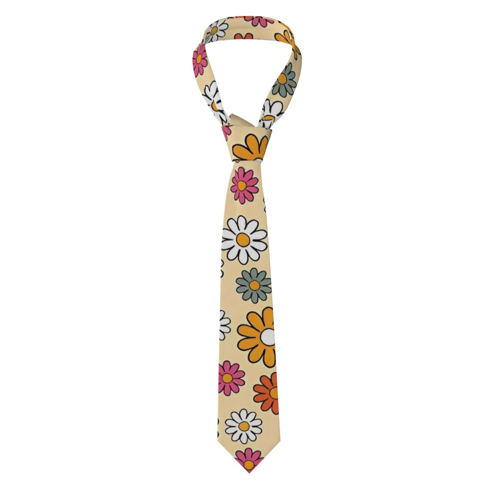 HLBSDM 1960s Vintage Retro Hippy Boho Daisies On Beige Men'S Luxury Tie For Weddings & Business - Silk-Like Texture Formal Necktie Gift For Groomsmen & Professionals