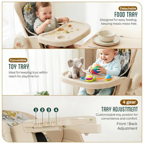 Image of Baybee 3-in-1 Baby High Chair with 4-Level Height Adjustment, Dining, Lounge & Recline Modes, 120-160 Backrest, Adjustable Footrest, One-Click Folding, Detachable Food & Toy Tray, 5-Point Harness & 360 Castor Wheels | Feeding Chair for 6 Months to 5 Years (Beige)