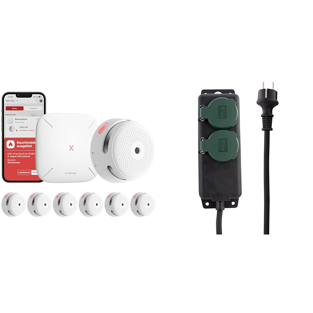 X-Sense XS01-M ProConnected Rauchmelder mit SBS50 Basisstation & REV Steckdosenleiste, wasserdicht IP44, für Outdoor Lichterkette, Gartensteckdose 2fach, 1,4m max. 3500W, schwarz