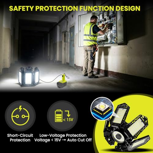 Image of LED Work Light Compatible with Ryobi 18V Battery - 68W 6800LM Garage Flood Light 6+1 Deformable Panels Pendant Ceiling Light, Emergency Camping Light for Shed, Workshop, Job Site