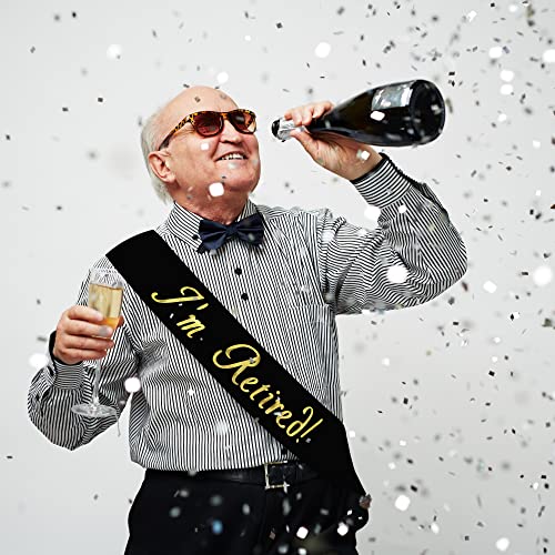 I’m Retired! Sash – Black & Gold Foil Retirement Sash for Women and Men & Large Safety Pin. Great for Retirement Party, Events and Decorations by JPACO (Black)3