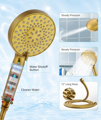 Image of SR SUN RISE Filtered Shower Head with Handheld High Pressure 9 Spray Mode Showerhead Detachable Shower Head Water Softener Filters 1 Filter Brushed Gold