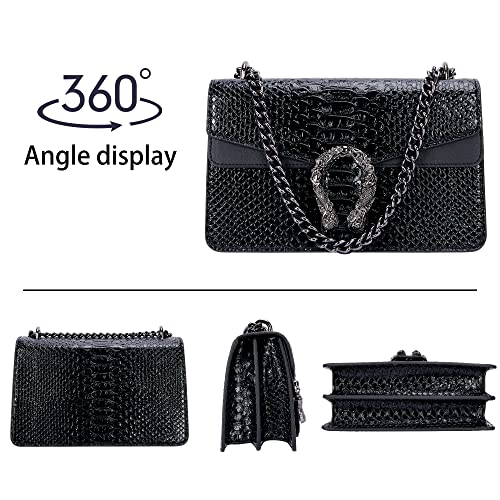 Image of Crossbody Shoulder Square Purse For Women - Fashion Embossed Snake-Print Leather Handbag Metal Chain satchel Tote Bag