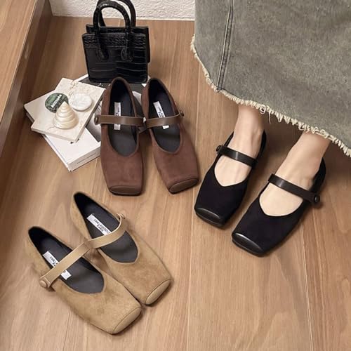 Women's Fashionable Square Toe Suede Flat Bottomed Mary Jane Shoes Comfortable and Casual Square Toe Ballet Flat Shoes2