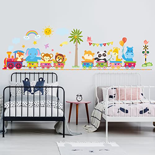 Anfigure Animal Train Wall Decals For Kids Baby Girls Boys Room Wall Stickers Nursery Bedroom Playroom Wall Decal 3D Diy Cute Theme Jungle Elephant Foxes Monkey Lion Bear Panda Tree Childrens Babies Tv Furniture Family Decoracion Window Peel And Stick Home Wall Decor #TOP2