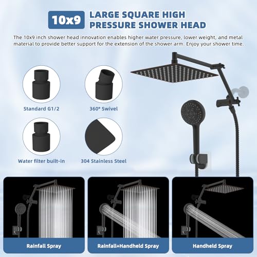 Image of Metal 10 inch Rain Shower Head with Handheld, High-Pressure Showerhead,10-Mode | Oil Rubbed Bronze, Rainfall Shower Head with 5 inch Large Handheld, Adjustable 16 inch Shower Extension Arm /71 inch Hose, 3-Way Diverter