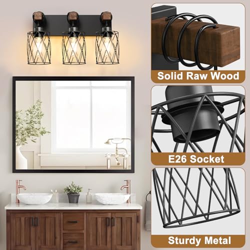 Image of IZORRO Farmhouse Bathroom Vanity Light, 3-Light Wood Bathroom Light Fixtures Over Mirror, Black Industrial Vanity Lights with Metal Shade, Rustic Restroom Lighting Fixtures