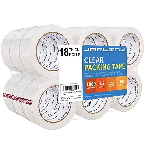 Image of JARLINK 18 Rolls Clear Packing Tape, Heavy Duty Packaging Tape | Ultra Thick 3.2mil and 1.88 inch Wide. 60 Yards per Roll, 1080 Total Yards. Moving Supplies for Shipping Packaging Sealing