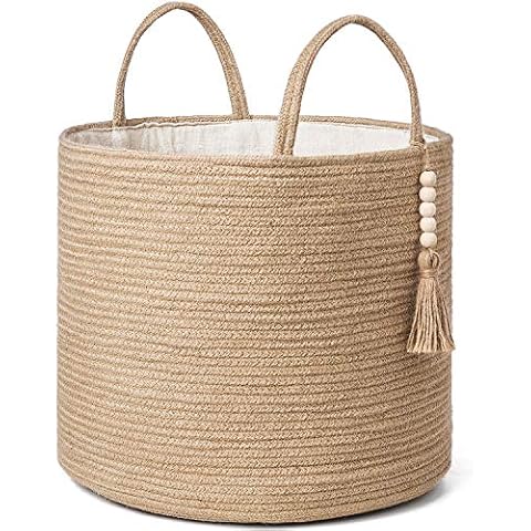 Mkono Woven Storage Basket Decorative Natural Rope Basket Wooden Bead Decoration for Blankets,Toys,Clothes,Shoes,Plant Organizer Bin with Handles Living Room Home Decor, Jute, 16" W × 13.8"L Cover