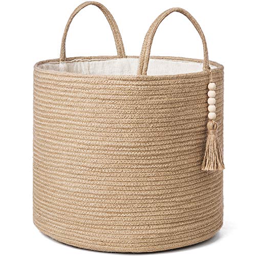 Mkono Woven Storage Basket Decorative Natural Rope Basket Wooden Bead Decoration for Blankets,Toys,Clothes,Shoes,Plant Organizer Bin with Handles Living Room Home Decor, Jute, 16″ W × 13.8″L