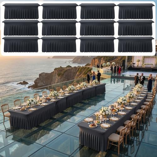 Image of 12 pk Black Spandex Tablecloth 8ft with Ruffled Skirt,Wrinkle Free High Stretch Fitted Tablecloths for 8 Foot Rectangle Tables,Pleated Elastic Spandex Table Covers 8ft for Parties Wedding Banquet