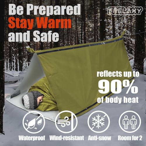 Frelaxy Extra-Thick Emergency Tent, Compact Survival Tent with Whistle, Upgraded Paracord, Storage Pouch, and EVA Case, 2 Person Emergency Shelter for Backpacking, Hiking (Army Green - 1 Pack)