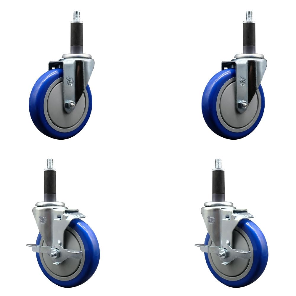 Polyurethane Swivel Expanding Stem Caster Set of 4 with 5 Inch Blue Wheels and 1
