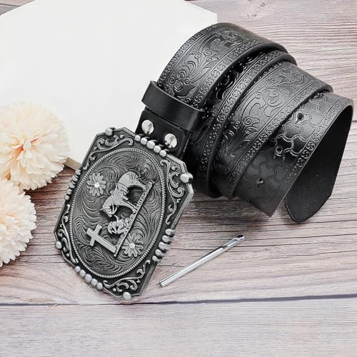 RechicGu Western Leather Belt for Men Women, Cowboy Floral Engraved Leather Belt With Cross Prayer Horse Buckle, 1.5" Wide4