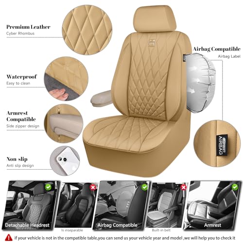 Image of CAR PASS Piping Luxury PU Leather Two Front Car Seat Covers, Waterproof Anti Slip Seat Covers Compatible with Front Seat Armrests,Universal Fit for Suvs,Vans,Trucks,Airbag Compatible(All Beige)