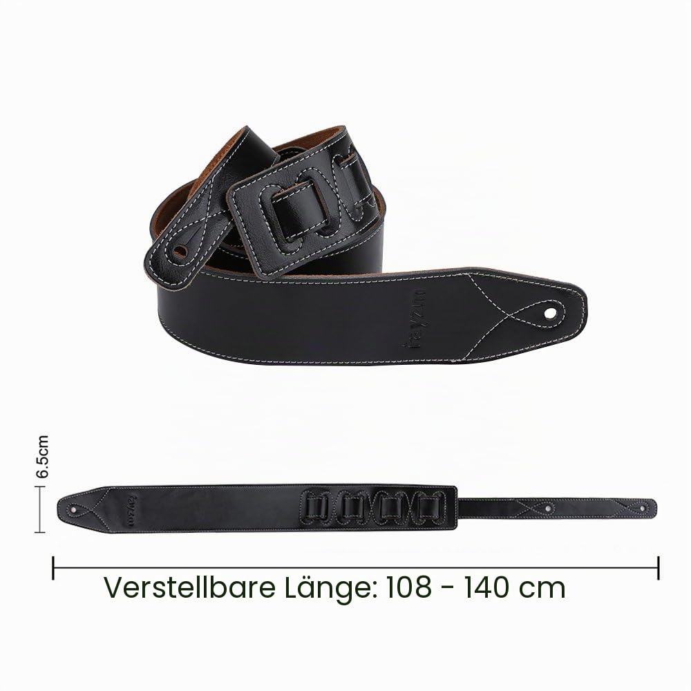 Rayzm Leder Gitarrengurt/Bassgurt mit Wildlederbespannung, Hochwertiger Echtledergürtel für Akustik/Elektrik/Bassgitarre, 6,5 cm Breite, Verstellbare Länge von 108 cm bis 140 cm