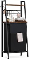 Furnulem 2-Tier Vertical Laundry Hamper with Wooden Shelf, Hooks & Removable 50L Pull-Out Bag for Bathroom, Bedroom, Dorm