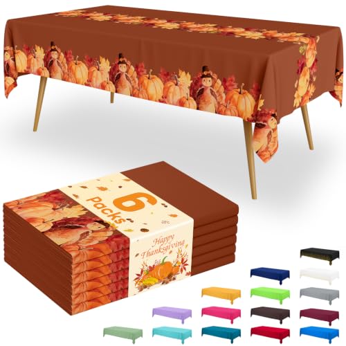 Image of Smiry Disposable Table Cloth - 6 Pack, 54 x 108 Inch Waterproof Rectangle Tablecloths for Parties, Decorative Plastic Table Cover, Leakproof & Sturdy, Coffee & Orange