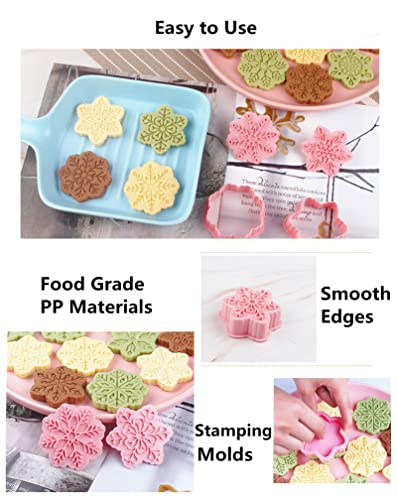 9 Patterns Of 3D Snowflake Cookie Stamps Set, 6 Branches Shaped Snowflakes Stamping Cookie Cutters Food Grade Plastic Direct Embossing Cake Pastry Fondant Stamper Set For Baking (Pink) #TOP4