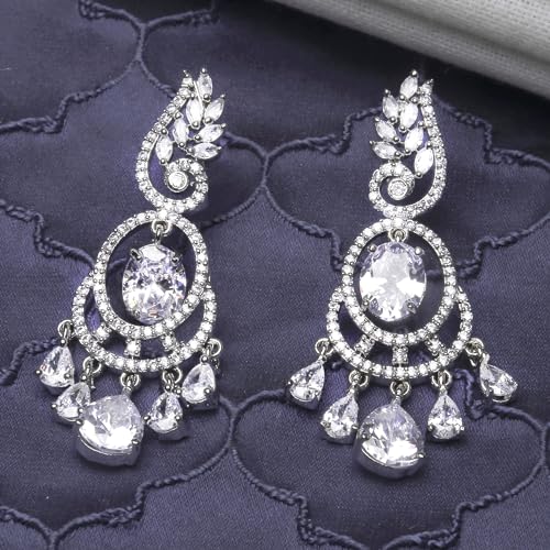 Image of ZENEME Rhodium-Plated American Diamond Studded Oval & Leaf Shaped Drop Earrings For Girls and Women