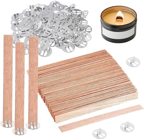 100 Pack Candle Wicks, Wooden Wick for Candles, Smokeless Candle Wick w/Iron Stands for Handmade Candles, Craft (15 x 150mm)