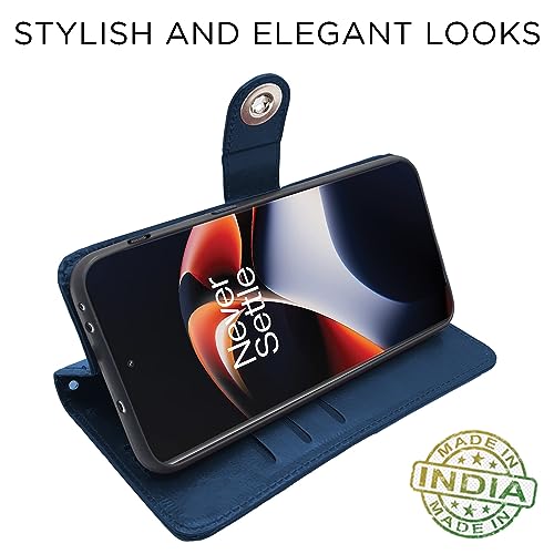 Image of Pikkme OnePlus 11R 5G Flip Cover Leather Finish | Inside TPU with Card Pockets | Wallet Stand and Shock Proof | Complete Protection Button Flip Case (Blue)