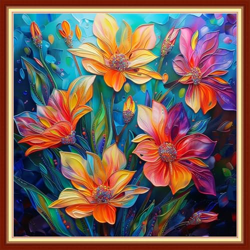 Image of Funxvoot Stamped Cross Stitch Kits for Beginners or Adults Embroidery Starter Patterns | DIY Printed Cross Stitch Kits Needlepoint for Adults 11CT-Colorful Floral Scenery 18x18 inch
