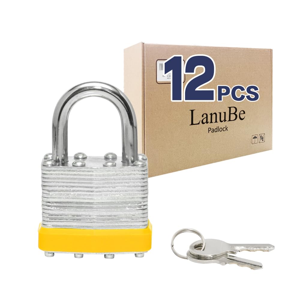 LanuBe Lot de 12 cadenas laminés à clé (40 mm), cadenas à clé identique, anse normale, cerceau en plastique jaune marqué