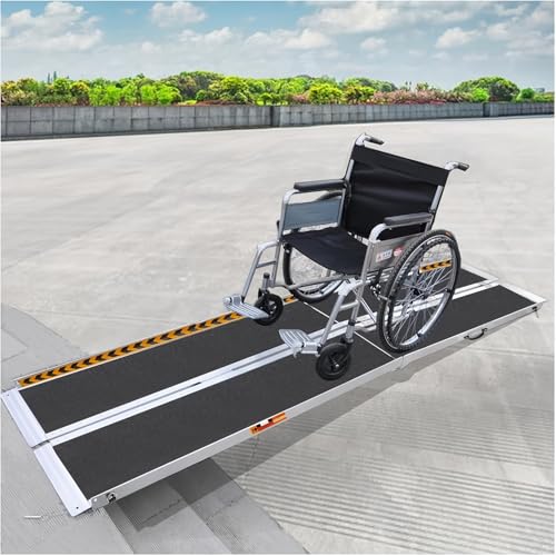 Rampa para silla de ruedas, rampa de carga plegable de aluminio de 7 pies con placa de transición y calcomanías reflectantes, antideslizante, capacidad de 280 kg para sillas de ruedas, scooters