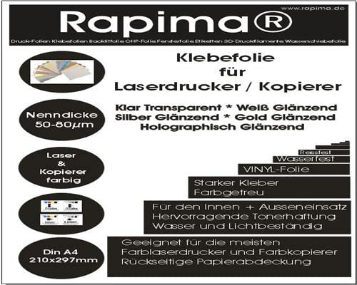 100 x DIN A4 Klebefolie weiß glänzend - Druckerfolie, klebend, zum Bedrucken, Wetterfest, Wasserfest für Laserdrucker, Outdoor