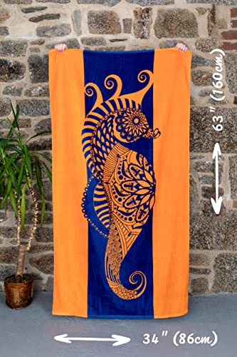 Nova Blue Seahorse Beach Towel – Blue And Orange With A Tropical Design, Extra Large, Xl (34”X 63”) Vibrant, Bright, Colorful Pool Towel Made From 100% Cotton #TOP2