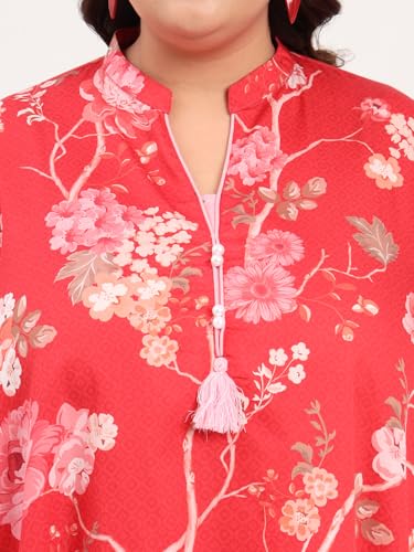 Image of Tissu Women's Plus Size Pure Cotton Red Asymmetrical Top with Trouser Co-ord Set