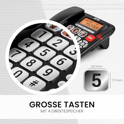 SPC Comfort Volume Pro - Senioren-Festnetztelefon mit großen Tasten, lautem Klingeln + beleuchtetem Display | Verstärkbare Anruflautstärke +20dB | Direktspeicher, SOS und hörgerätekompatibel – Schwarz